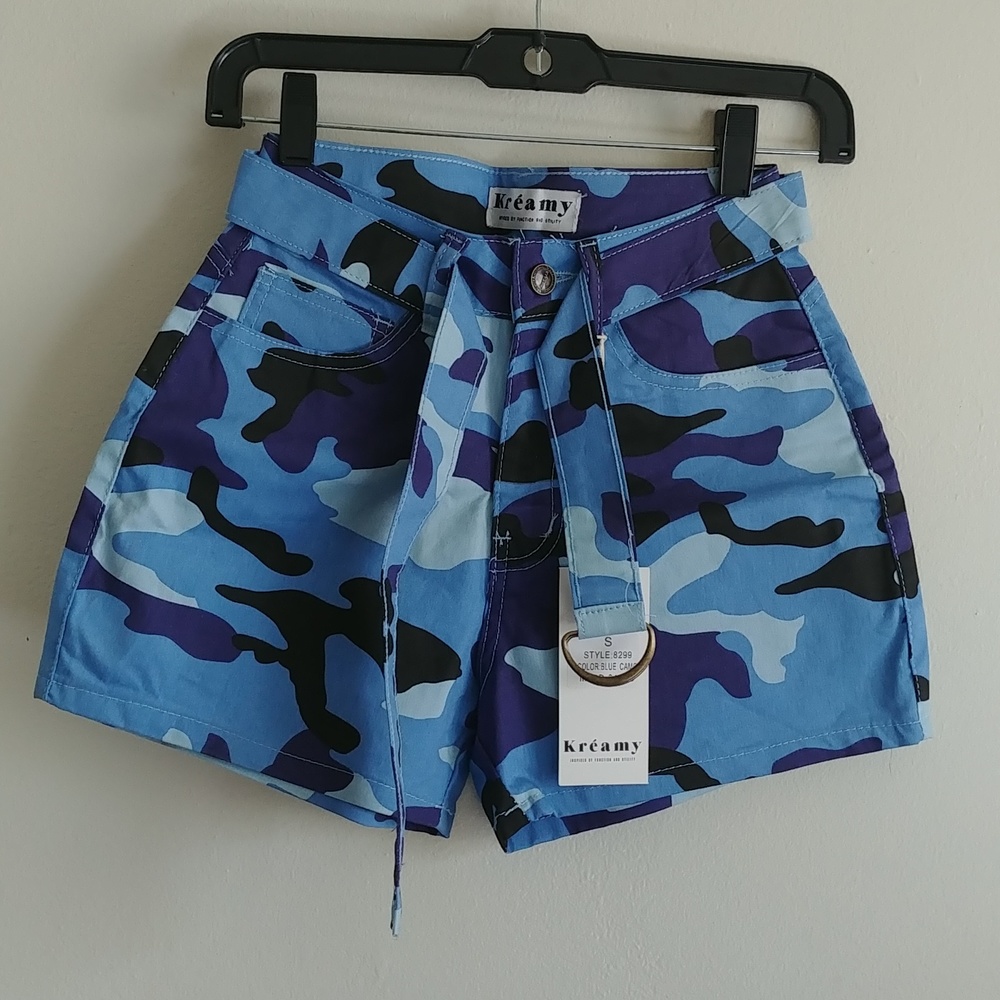 Kreamy Girls Blue Camo Shorts With Belt